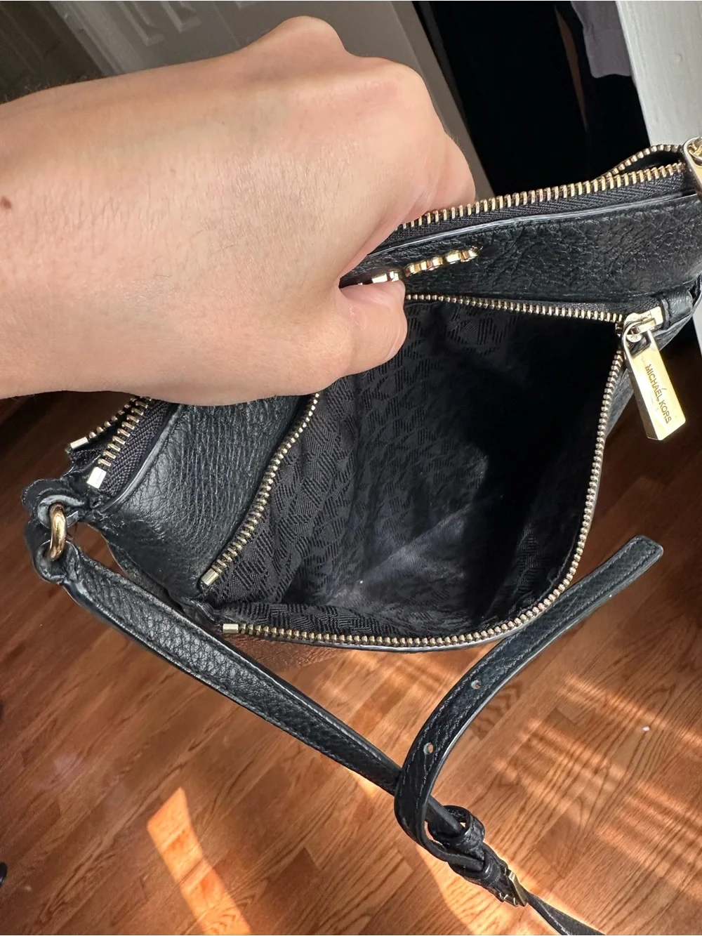 Michael Kors Black Pebbled Leather Crossbody Purse | Gold Hardware